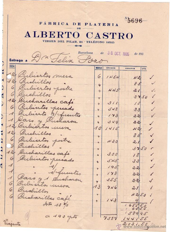 Factures anciennes: FACTURA DE ALBERTO CASTRO. F&Aacute;BRICA DE PLATER&Iacute;A. BARCELONA . 1935.