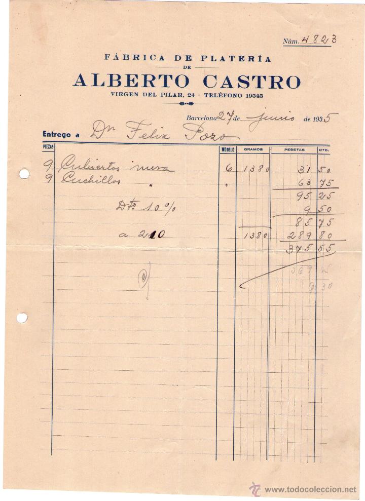 Factures anciennes: FACTURA DE ALBERTO CASTRO. F&Aacute;BRICA DE PLATER&Iacute;A. BARCELONA . 1935.