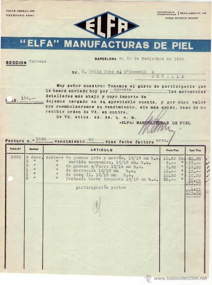 Factures anciennes: FACTURA DE ELFA MANUFACTURAS DE PIEL. BARCELONA. 1935.