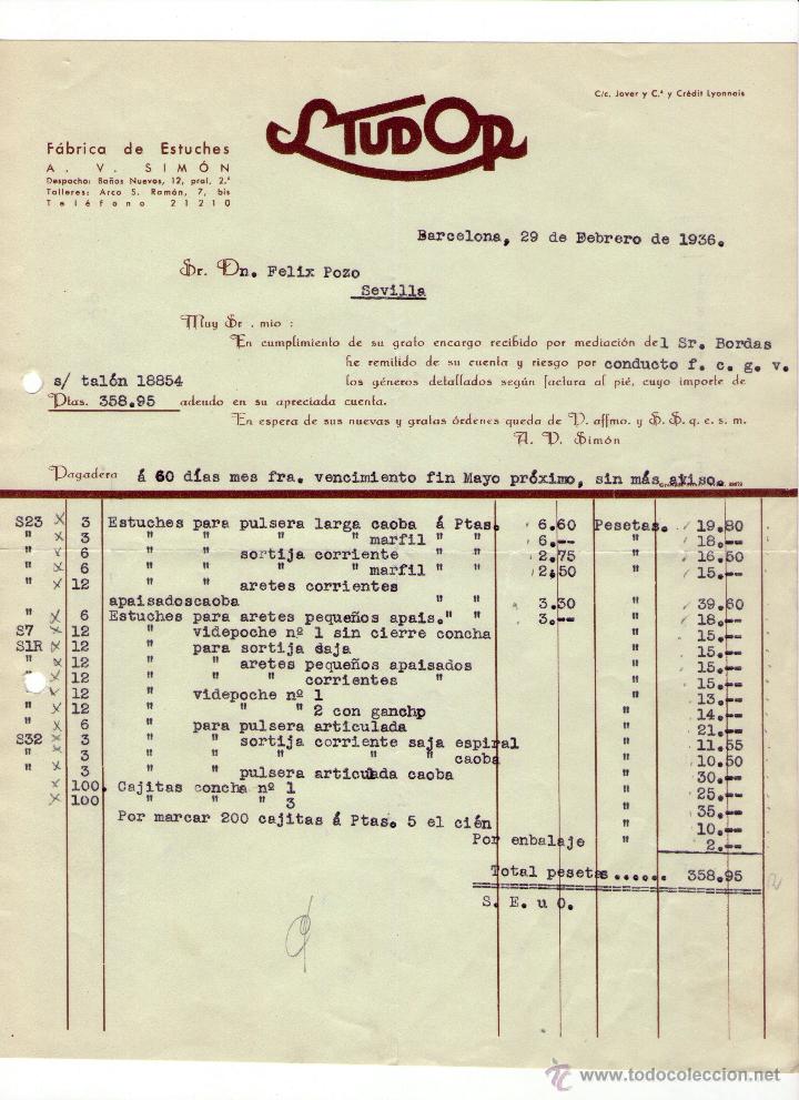 Factures anciennes: FACTURA DE STUDOR. F&Aacute;BRICA DE ESTUCHES. BARCELONA. 1936.
