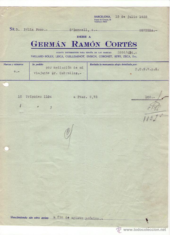 Factures anciennes: FACTURA DE GERM&Aacute;N RAM&Oacute;N CORT&Eacute;S. BARCELONA. 1935.