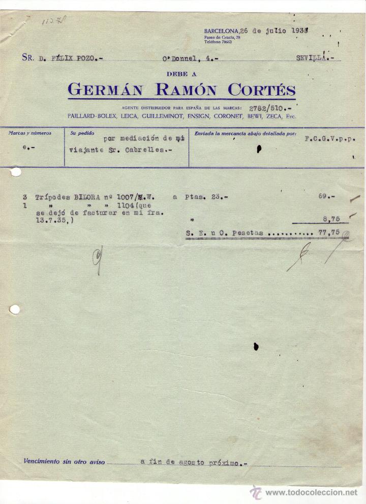 Factures anciennes: FACTURA DE GERM&Aacute;N RAM&Oacute;N CORT&Eacute;S. BARCELONA. 1935.