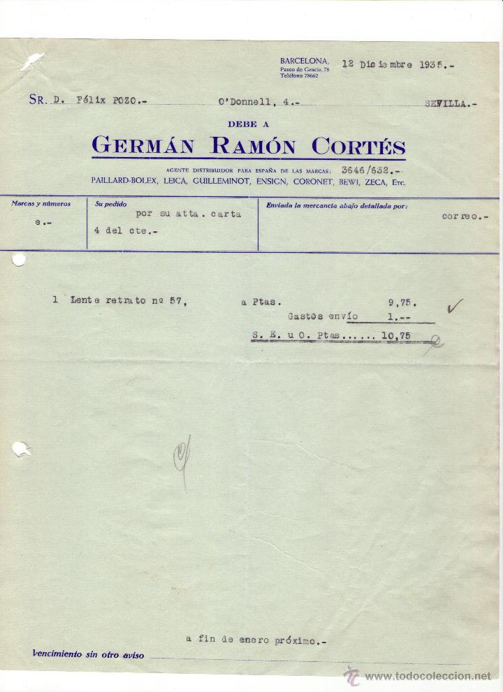 Factures anciennes: FACTURA DE GERM&Aacute;N RAM&Oacute;N CORT&Eacute;S. BARCELONA. 1935.