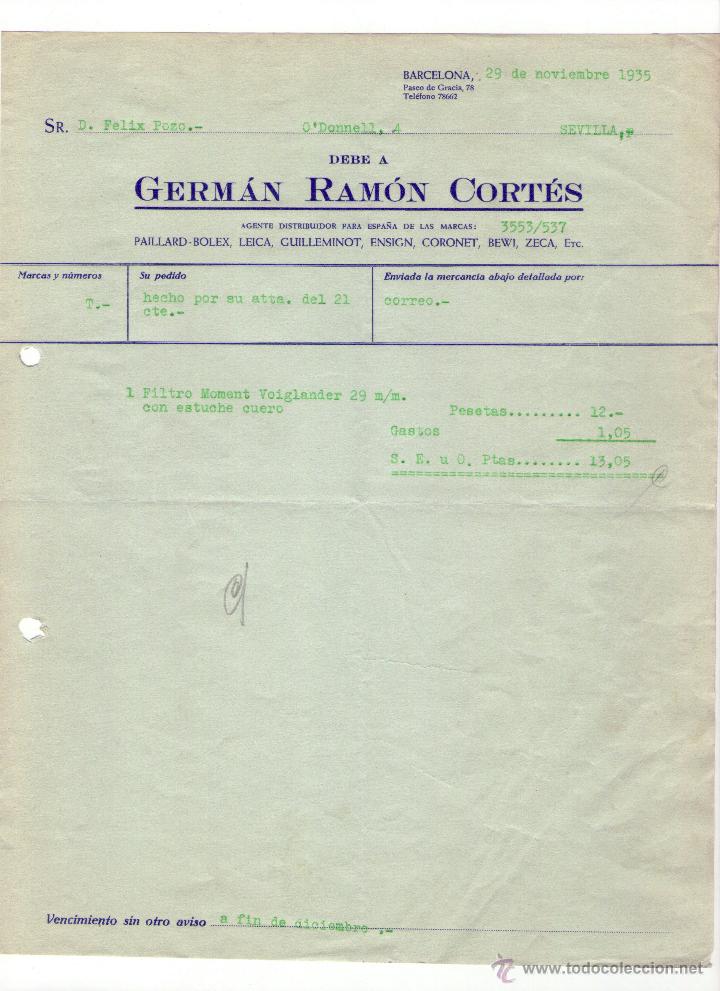 Factures anciennes: FACTURA DE GERM&Aacute;N RAM&Oacute;N CORT&Eacute;S. BARCELONA. 1935.
