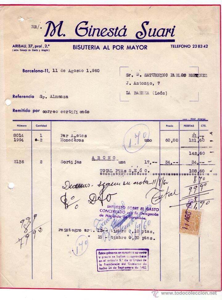 Alte Rechnungen: FACTURA DE M. GINEST&Aacute; SUAR&Iacute;. BISUTER&Iacute;A AL POR MAYOR. BARCELONA. 1960.