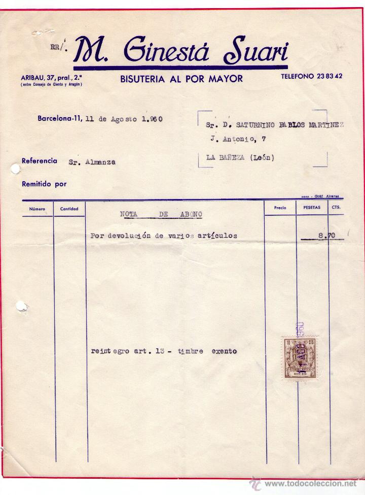 Alte Rechnungen: FACTURA DE M. GINEST&Aacute; SUAR&Iacute;. BISUTER&Iacute;A AL POR MAYOR. BARCELONA. 1960.