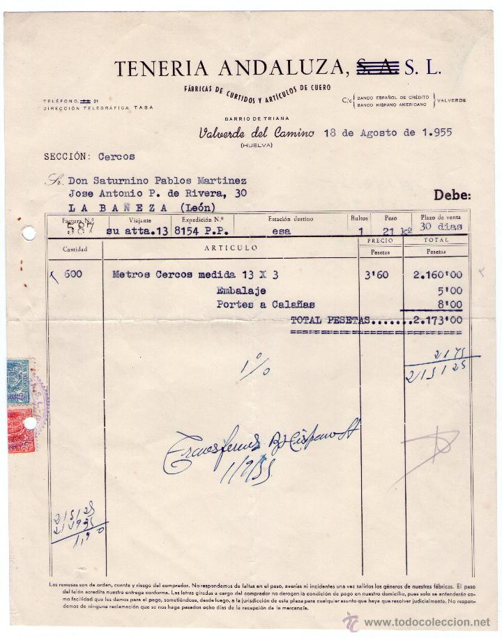 Alte Rechnungen: FACTURA TENERIA ANDALUZA. F&Aacute;BRICAS DE CURTIDOS Y ARTICULOS DE CUERO. VALVERDE DEL CAMINO . 1955