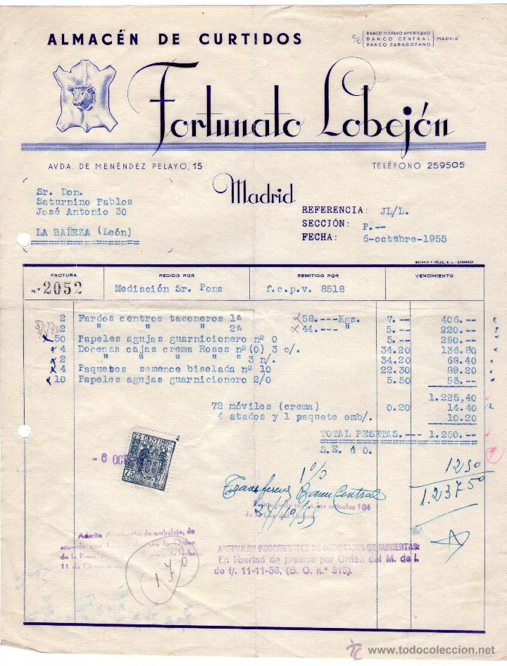 Alte Rechnungen: FACTURA DE FORTUNATO LOBEJ&Oacute;N. ALMAC&Eacute;N DE CURTIDOS. MADRID. 1955