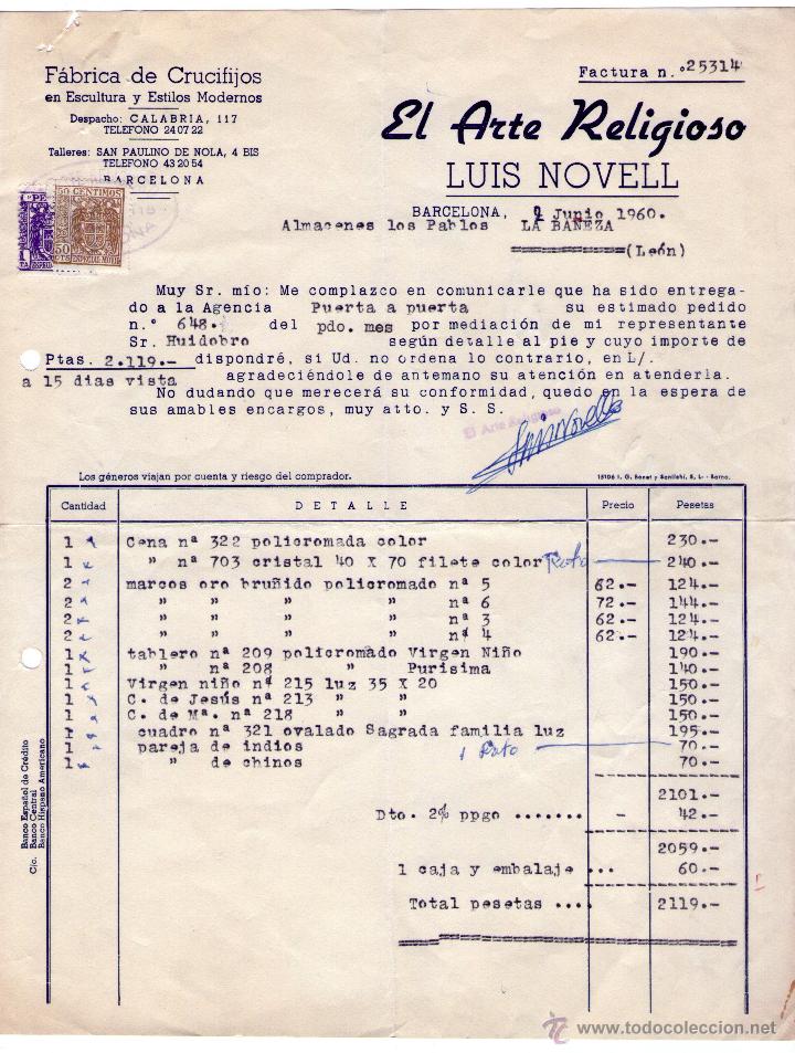 Alte Rechnungen: FACTURA DE LUIS NOVELL. EL ARTE RELIGIOSO. F&Aacute;BRICA DE CRUCIFIJOS. BARCELONA. 1960.