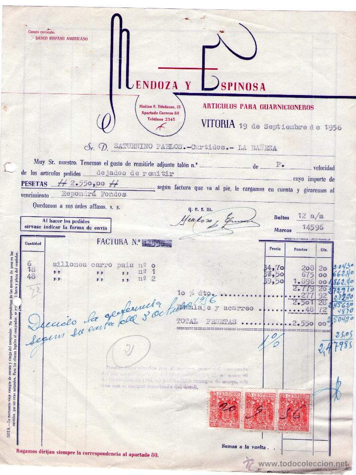 Alte Rechnungen: FACTURA DE MENDOZA Y ESPINOSA. F&Aacute;BRICA DE ARTIVULOS PARA GUARNICIONES. VITORIA - ESPA&Ntilde;A. 1956.