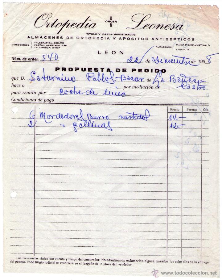 Alte Rechnungen: FACTURA DE ORTOPEDIA LEONESA. ALMACENES DE ORTOPEDIA Y APOSITOS ANTISEPTICOS. LE&Oacute;N. 1958