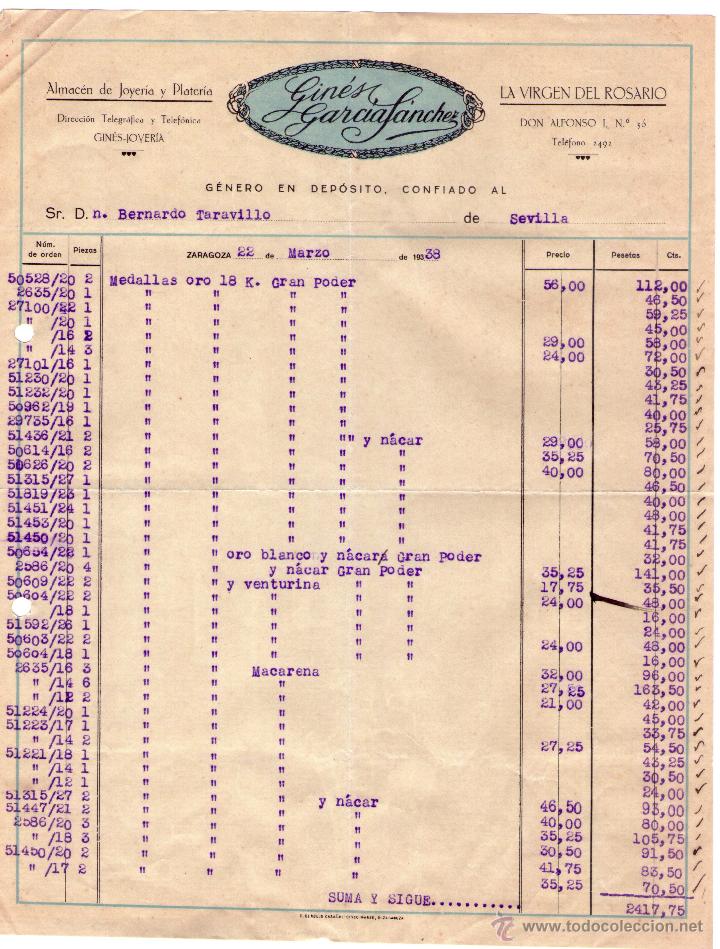 Alte Rechnungen: FACTURA DE GIN&Eacute;S GARC&Iacute;A SANCHEZ. ALMAC&Eacute;N DE JOYER&Iacute;A Y PLATER&Iacute;A. ZARAGOZA. 1938.
