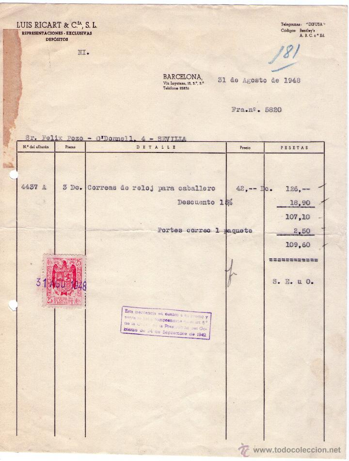 Alte Rechnungen: FACTURA DE LUIS RICART &Ci&ordf;, S.L. REPRESENTACIONES- EXCLUSIVAS- DEP&Oacute;SITOS. BARCELONA. 1948.