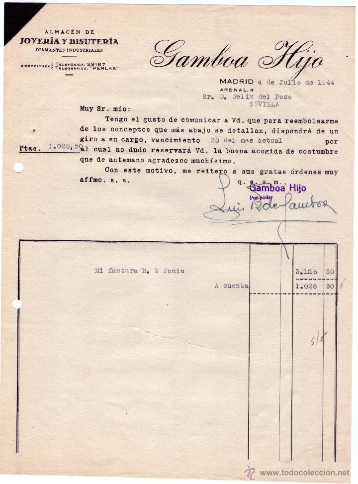 Facturas antiguas: FACTURA DE GAMBOA HIJO. ALMAC&Eacute;N DE JOYER&Iacute;A Y BISUTER&Iacute;A. MADRID. 1944.