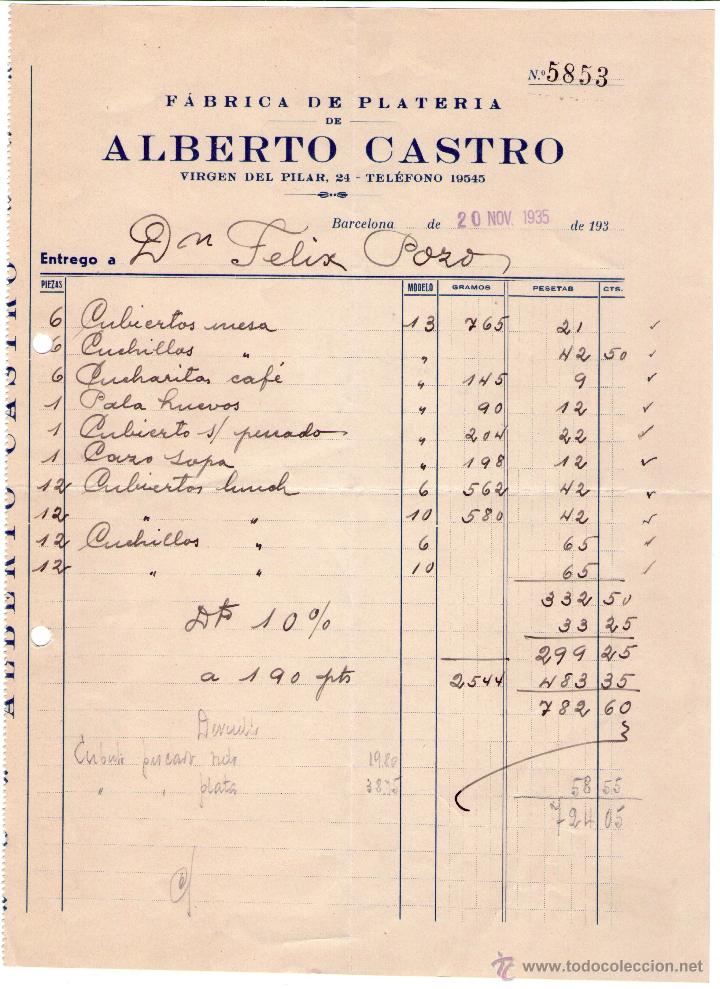 Alte Rechnungen: FACTURA DE ALBERTO CASTRO. F&Aacute;BRICA DE PLATER&Iacute;A. BARCELONA. 1935.