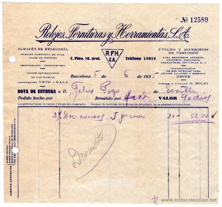 Alte Rechnungen: FACTURA DE RELOJES, FORNITURAS Y HERRAMIENTAS, S. A. ALMAC&Eacute;N DE RELOJER&Iacute;A. BARCELONA. 1935.