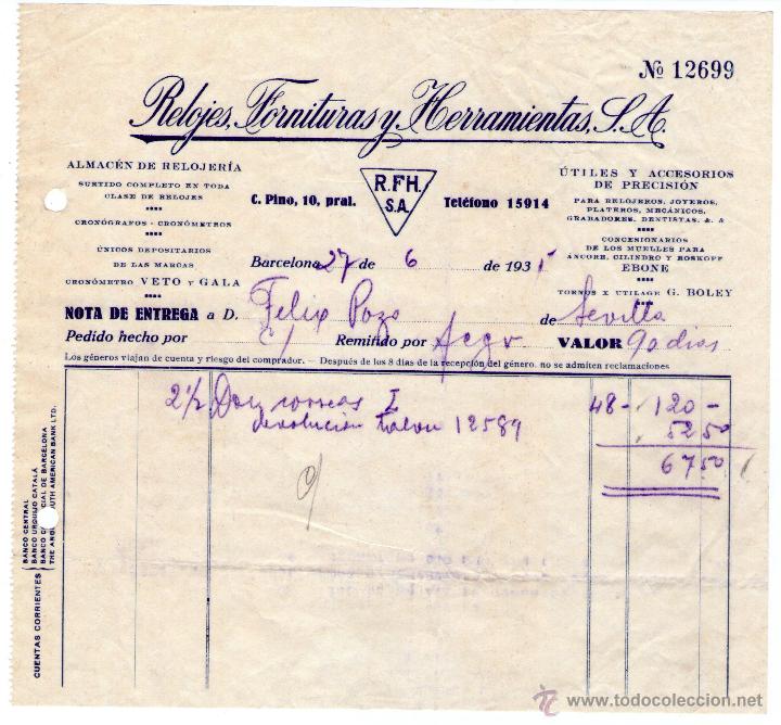 Alte Rechnungen: FACTURA DE RELOJES, FORNITURAS Y HERRAMIENTAS, S. A. ALMAC&Eacute;N DE RELOJER&Iacute;A. BARCELONA. 1935.