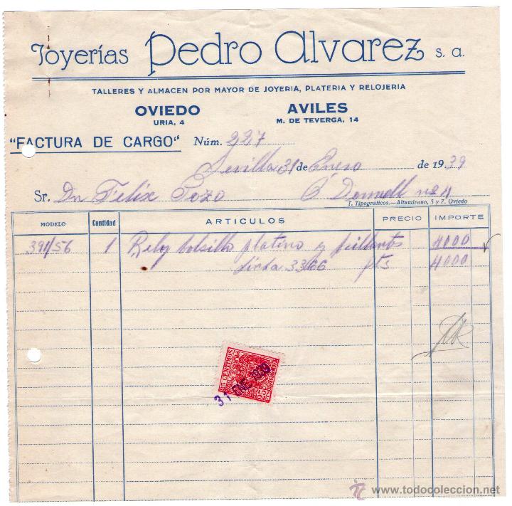 Alte Rechnungen: FACTURA DE JOYER&Iacute;AS PEDRO ALVARES, S.A. TALLERES Y ALMAC&Eacute;N POR MAYOR DE JOYER&Iacute;A... SEVILLA. 1939
