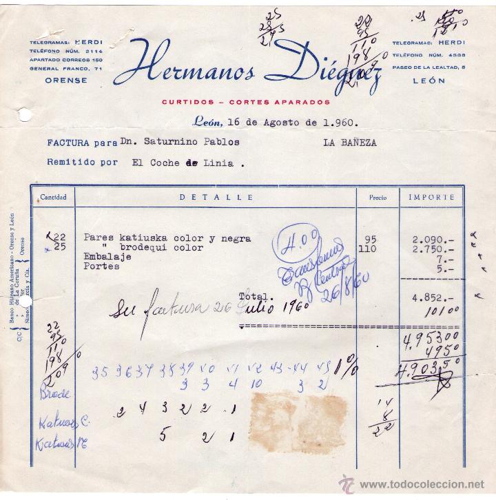 Alte Rechnungen: FACTURA DE HERMANOS DI&Eacute;GUEZ. F&Aacute;BRICA DE CURTIDOS - CORTES APARADOS. LE&Oacute;N. 1960