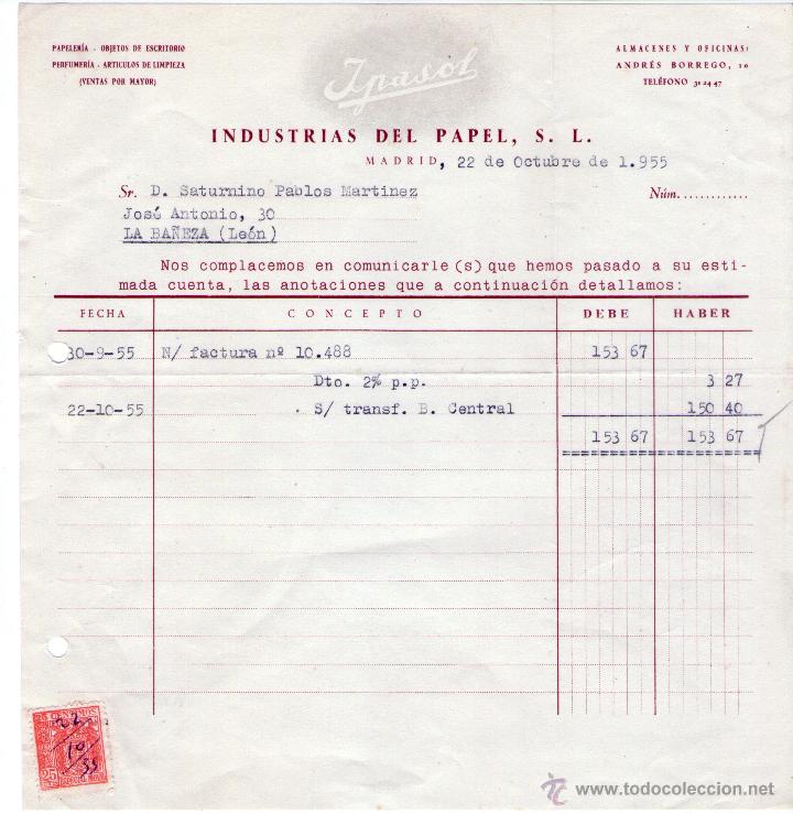 Alte Rechnungen: FACTURA DE INDUSTRIAS DEL PAPEL, S. L. MADRID. 1955.