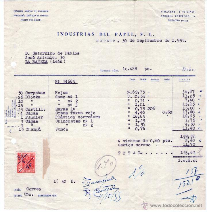 Alte Rechnungen: FACTURA DE INDUSTRIAS DEL PAPEL, S. L. MADRID. 1955.
