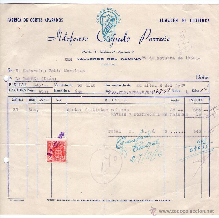Alte Rechnungen: FACTURA DE ALDEFONSO CEJUDO PARRE&Ntilde;O. F&Aacute;BRICA DE CORTES APARADOS. VALVERDE EL CAMINO (HUELVA). 1956.