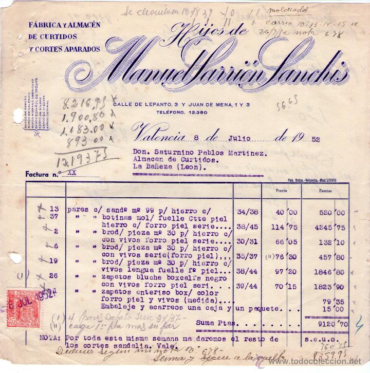 Alte Rechnungen: FACTURA DE MANUEL SARR&Iacute;ON SANCHIS. F&Aacute;BRICA Y ALMAC&Eacute;N DE CURTIDOS Y CORTES APARADOS. VALENC&Iacute;A. 1952.