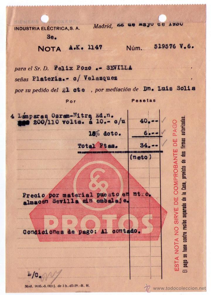 Alte Rechnungen: NOTA DE SIEMENS CHUCKERT. INDUSTR&Iacute;A EL&Eacute;CTRICA, S.A. MADRID. 1930.