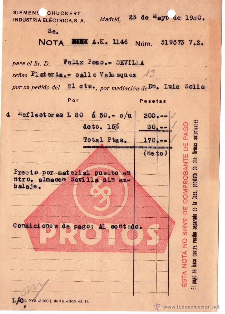 Alte Rechnungen: NOTA DE SIEMENS CHUCKERT. INDUSTR&Iacute;A EL&Eacute;CTRICA, S.A. MADRID. 1930.