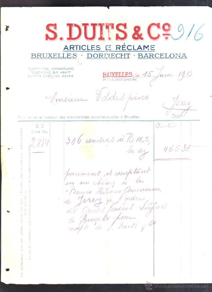 Alte Rechnungen: FACTURA. S.DUITS & C&ordm;. ARTICULOS DE RECLAMO. BRUSELAS. 1903