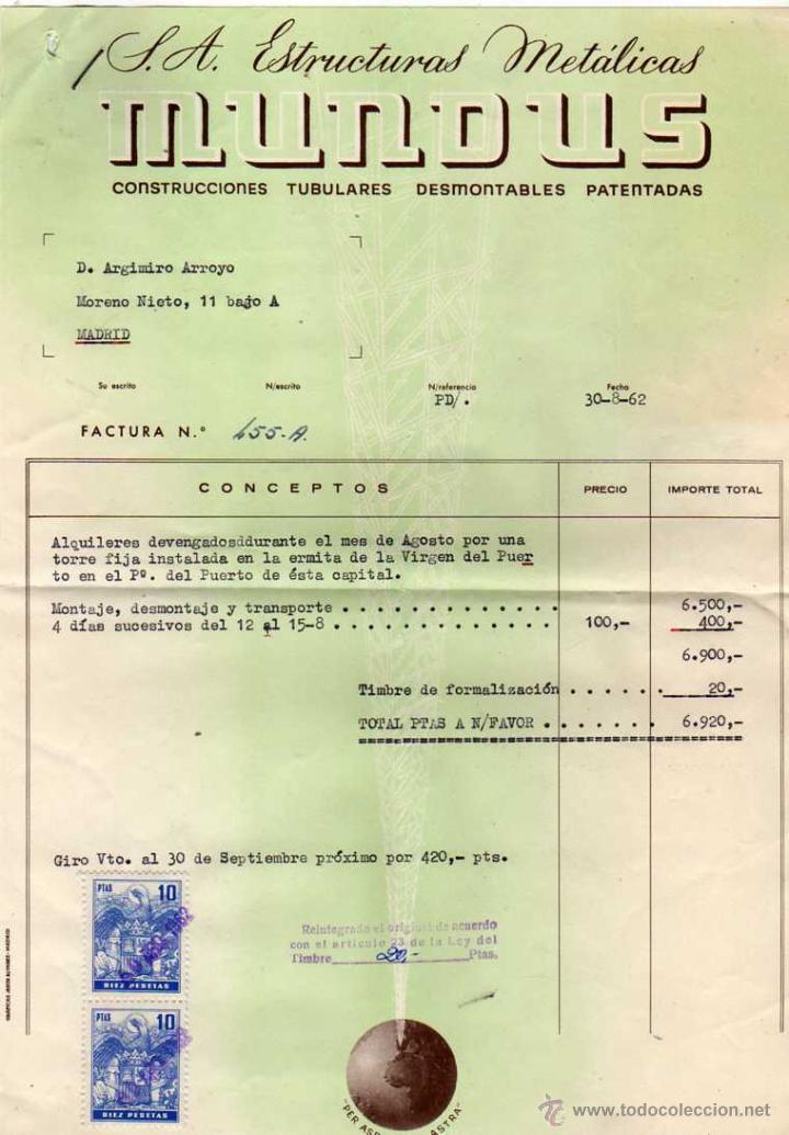 Facturas antiguas: Factura Estructuras met&aacute;licas. Mundus Madrid. Per aspera ad Astra