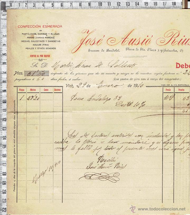 Alte Rechnungen: FACTURA  FECHADA EN VICH MENBRETE JOS&Eacute; AUSI&Oacute; RIUS -1910.
