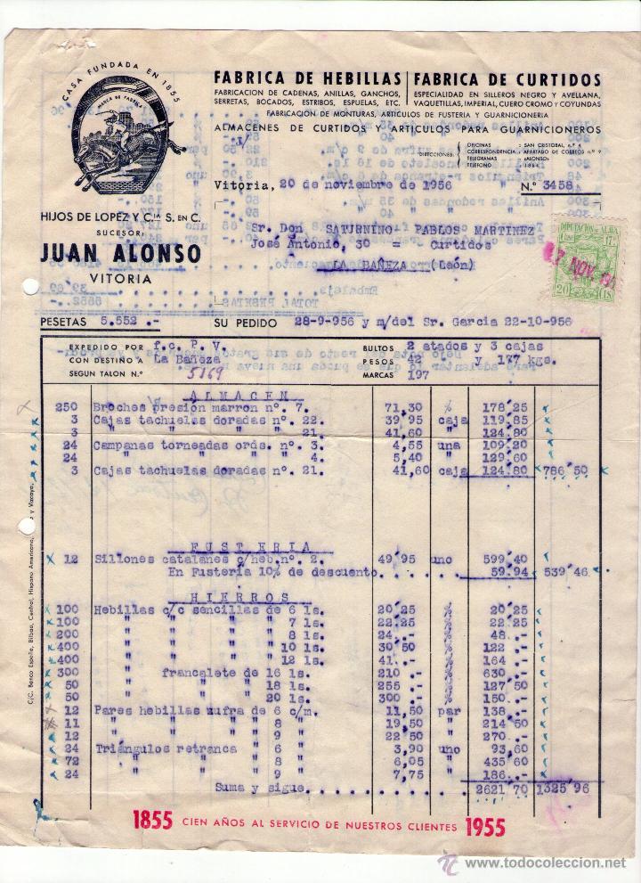 Fatture antiche: FACTURA HIJOS DE LOPEZ Y Ci&ordf;. Suc. JUAN ALONSO.FABRICA DE HEBILLAS - CURTIDOS. VITORIA. 1956