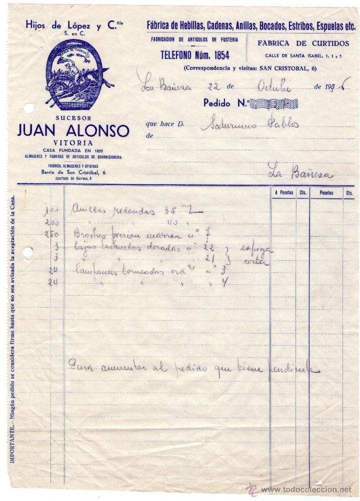 Fatture antiche: FACTURA HIJOS DE LOPEZ Y Ci&ordf;. Suc. JUAN ALONSO.FABRICA DE HEBILLAS - CURTIDOS. LA BA&Ntilde;EZA- LE&Oacute;N. 1936