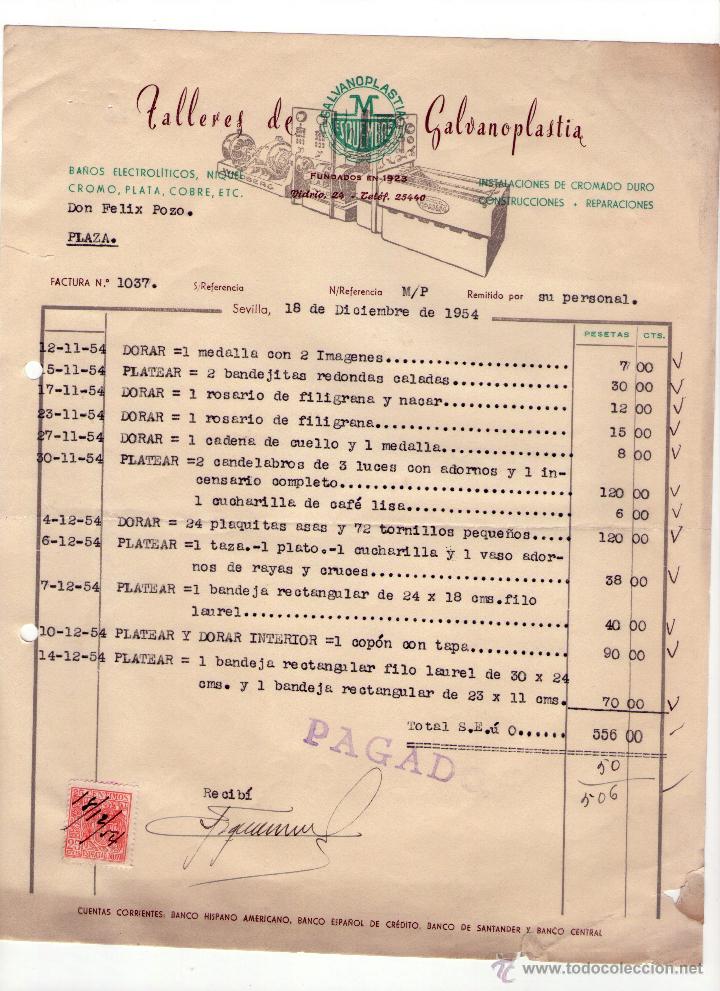 Fatture antiche: FACTURA DE TALLERES DE GALVANOPLAST&Iacute;A. CONSTRUCCIONES - REPARACIONES. SEVILLA. 1954.