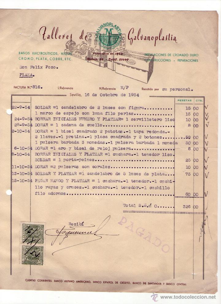 Fatture antiche: FACTURA DE TALLERES DE GALVANOPLAST&Iacute;A. CONSTRUCCIONES - REPARACIONES. SEVILLA. 1954.