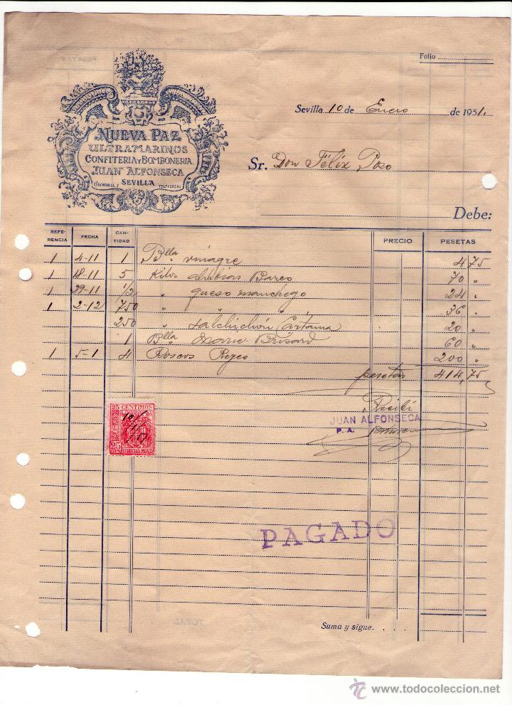 Fatture antiche: FACTURA DE JUAN ALFONSECA. NUEVA PAZ. ULTRAMARINOS - CONFITER&Iacute;A - BOMBONER&Iacute;A. SEVILLA. 1951.