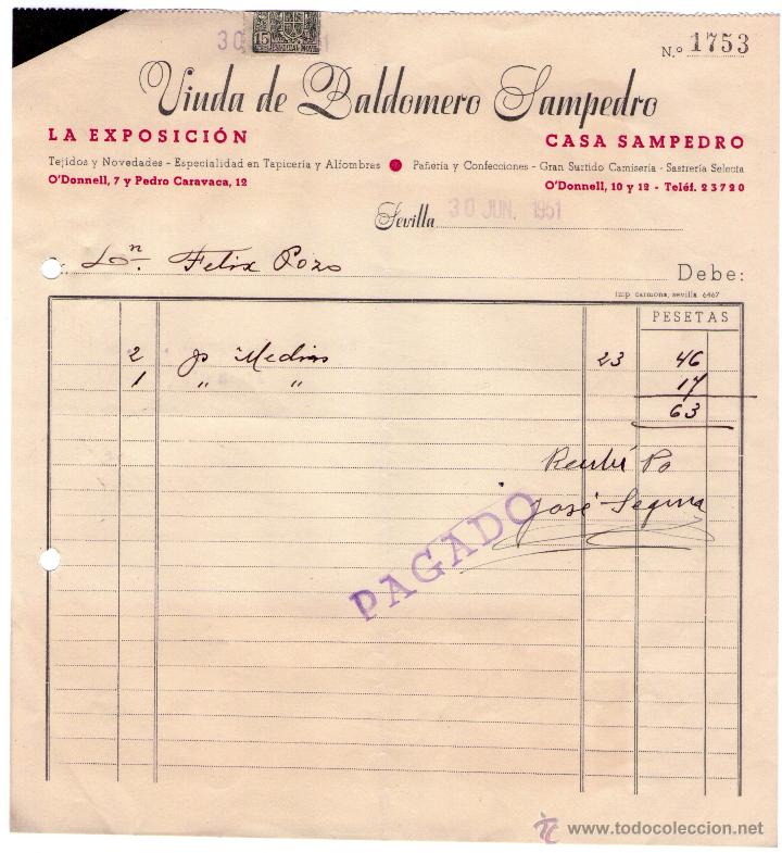 Fatture antiche: FACTURA DE VIUDA DE BALDOMERO SAMPEDRO. SEVILLA. 1951.