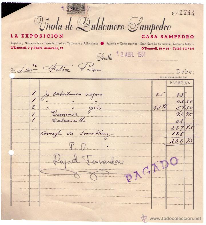 Fatture antiche: FACTURA DE VIUDA DE BALDOMERO SAMPEDRO. SEVILLA. 1951.