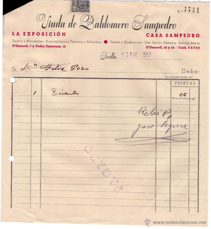 Fatture antiche: FACTURA DE VIUDA DE BALDOMERO SAMPEDRO. SEVILLA. 1951.