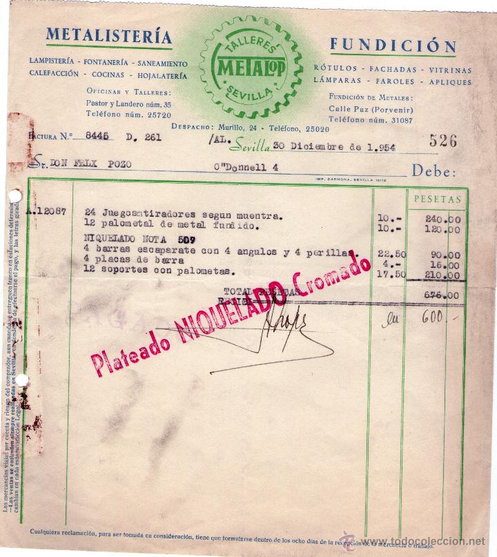 Fatture antiche: FACTURA DE TALLERES METALOP. METALISTER&Iacute;A - FUNDICI&Oacute;N. SEVILLA. 1954.
