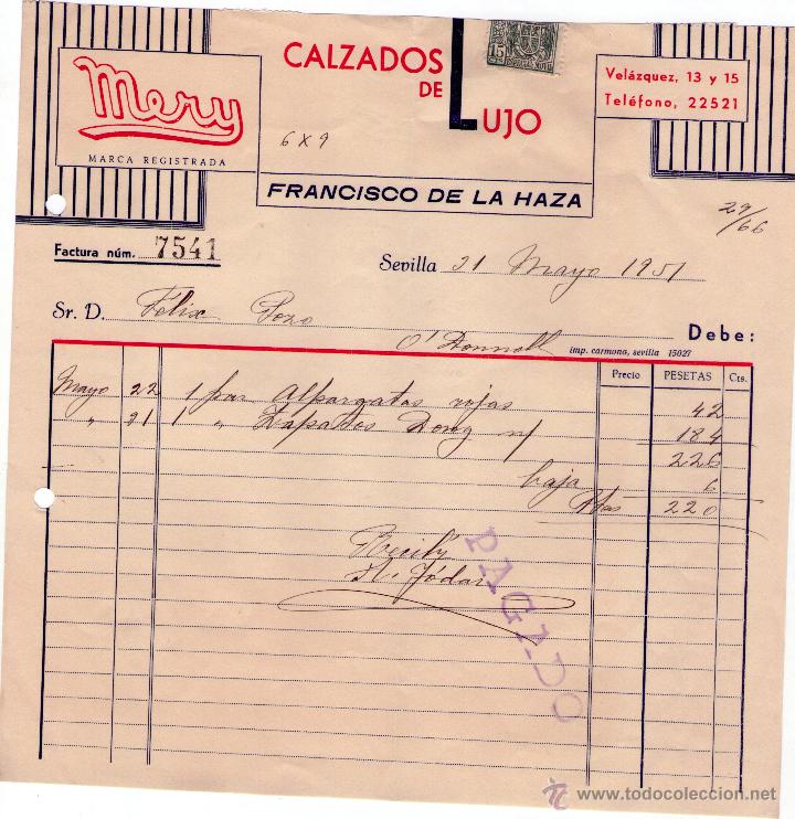 Fatture antiche: FACTURA DE FRANCISCO DE LA HAZA. MERY. F&Aacute;BRICA DE CALZADOS DE LUJO. SEVILLA. 1951.
