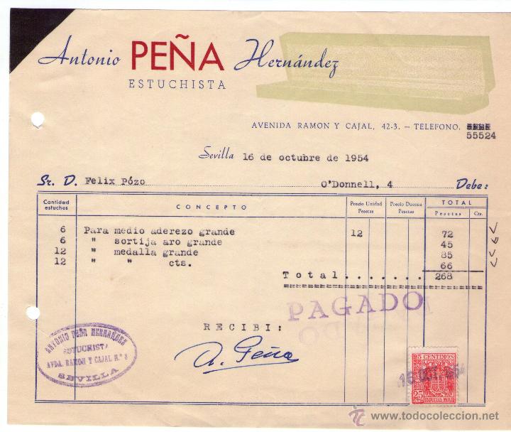 Fatture antiche: FACTURA DE ANTONIO PE&Ntilde;A HERN&Aacute;NDEZ. ESTUCHISTA. SEVILLA. 1954.