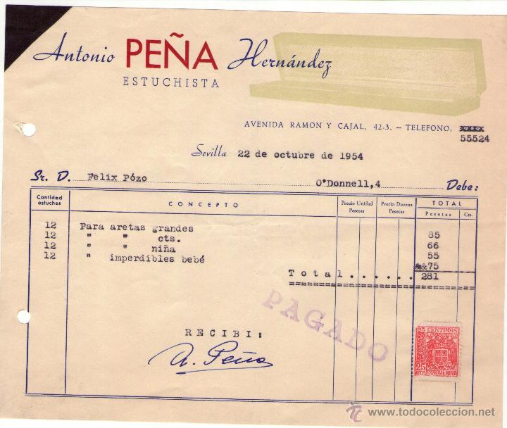 Fatture antiche: FACTURA DE ANTONIO PE&Ntilde;A HERN&Aacute;NDEZ. ESTUCHISTA. SEVILLA. 1954.