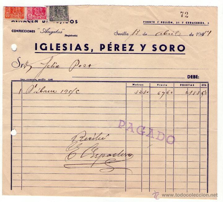Fatture antiche: FACTURA DE IGLESIAS PEREZ Y SORO. ALMAC&Eacute;N DE TEJIDOS. SEVILLA. 1951.