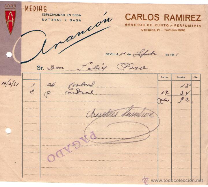 Fatture antiche: FACTURA DE CARLOS RAMIREZ. ARANC&Oacute;N. G&Eacute;NEROS DE PUNTO - PERFUMER&Iacute;A. SEVILLA. 1951.
