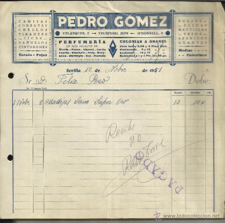 Fatture antiche: FACTURA DE PEDRO G&Oacute;MEZ. PERFUMER&Iacute;A. COLONIAS A GRANEL. SEVILLA. 1951