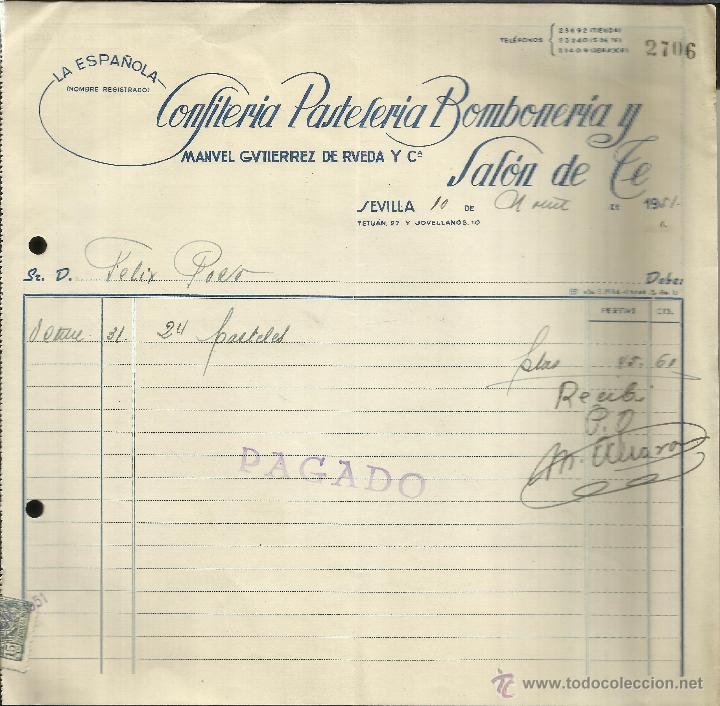 Fatture antiche: FACTURA DE MANUEL GUTI&Eacute;RREZ DE RUEDA Y C&ordf;. LA ESPA&Ntilde;OLA. CONFITER&Iacute;A. PASTLER&Iacute;A. SEVILLA. 1951