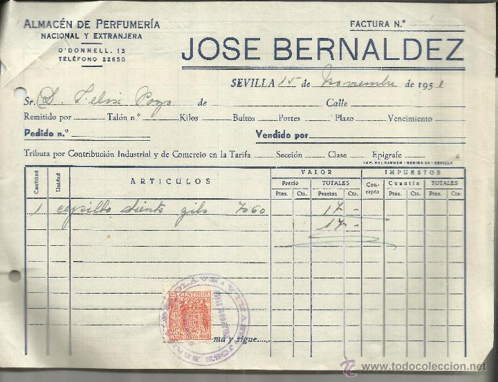 Fatture antiche: FACTURA DE JOS&Eacute; BERN&Aacute;LDEZ. PERFUMER&Iacute;A. SEVILLA. 1951