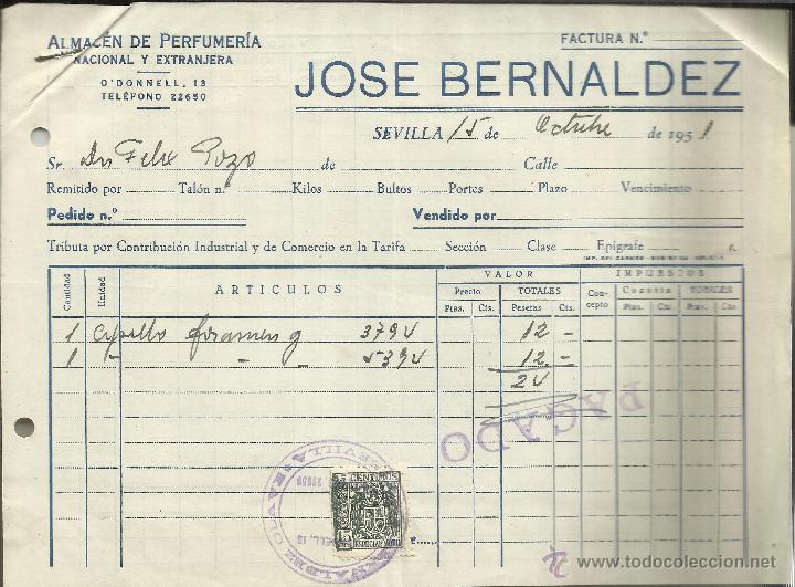 Fatture antiche: FACTURA DE JOS&Eacute; BERN&Aacute;LDEZ. PERFUMER&Iacute;A. SEVILLA. 1951